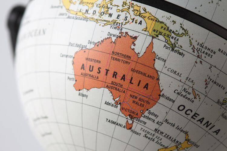 A detailed map of Australia displayed on a globe, illustrating its position in the Southern Hemisphere.