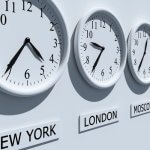 Four wall clocks display different times, labeled in various languages, illustrating time zone management.