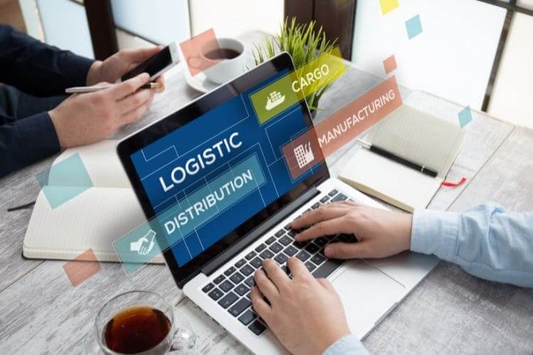 Laptop screen with logistics and supply chain graphics