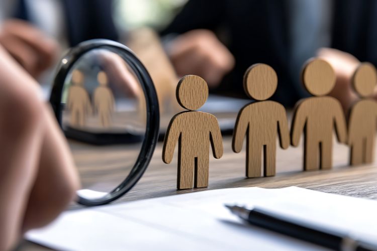 Several wooden figures are gathered in front of a magnifying glass, illustrating a theme of scrutiny and examination.