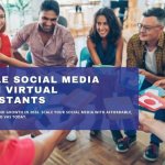 Group of professionals holding social media icons to represent outsourced social media growth strategies.