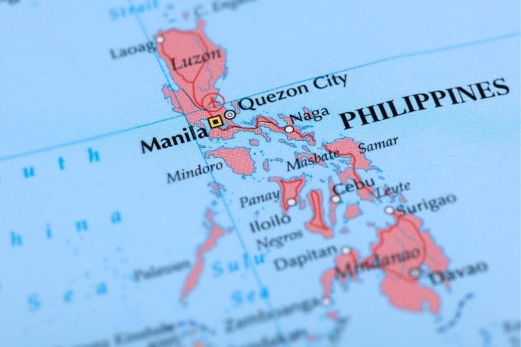 Map of the Philippines highlighting key cities like Manila and Cebu