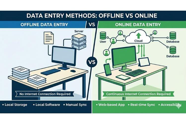 Infographic comparing offline and online data entry methods for business operations