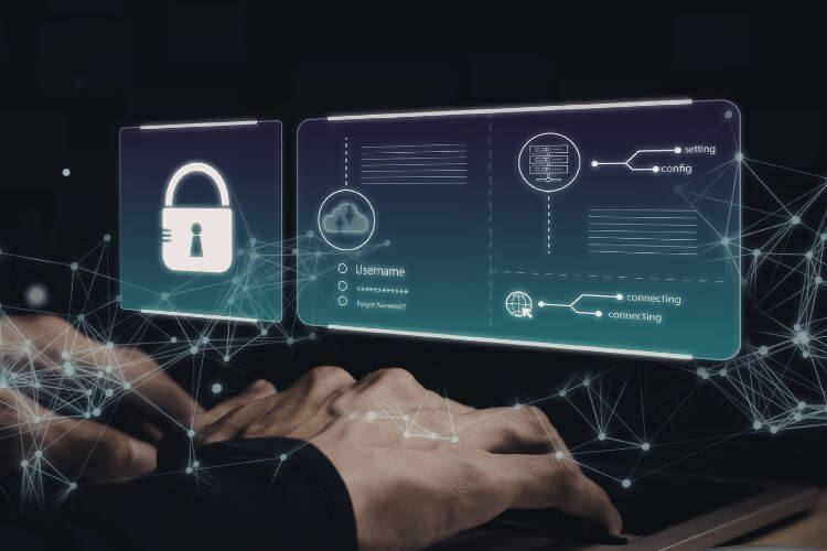 Cybersecurity interface showing secure login and data protection for remote teams and virtual assistants.