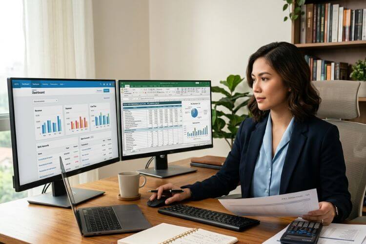 Filipino accounting virtual assistant managing financial reports and bookkeeping on dual monitors.