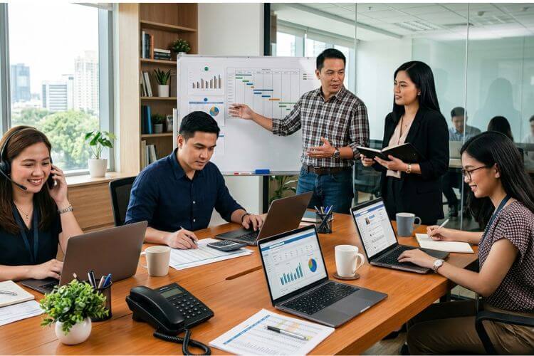 CreaThink Solutions | Should I Hire Multiple Virtual Assistants? A Practical Guide for Growing US Businesses Filipino offshore team collaborating on business projects with laptops, reports, and performance dashboards.