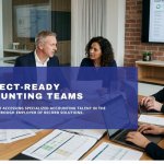 Accounting professionals collaborating in a meeting with financial reports and project management dashboards.