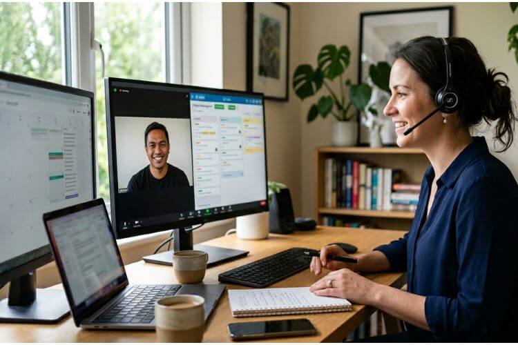 Customer support virtual assistant assisting clients remotely using multiple computer monitors and video conferencing.