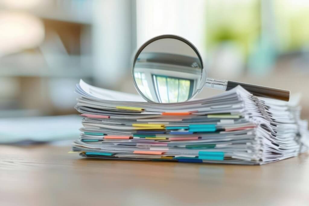 CreaThink Solutions | How to Identify and Fix Compliance Gaps in Your Business Stack of business documents with a magnifying glass representing document review and compliance auditing.