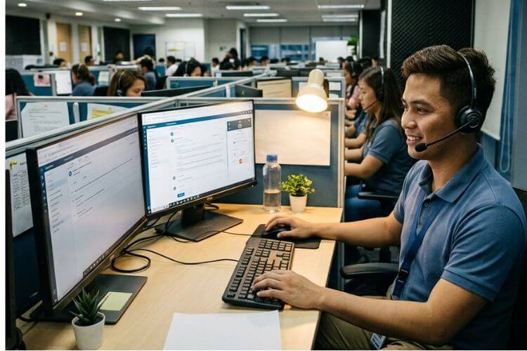 Philippine BPO customer support agent working at dual monitors