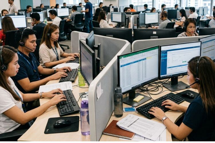 Philippine BPO customer support agent working at dual monitors