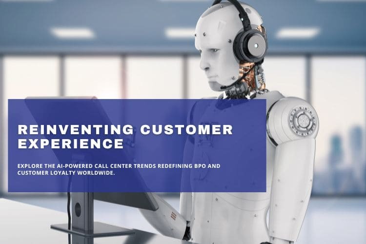 AI robot with headset managing virtual call center operations