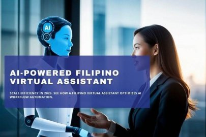 Businesswoman interacting with a digital AI robot to demonstrate workflow automation and efficiency.