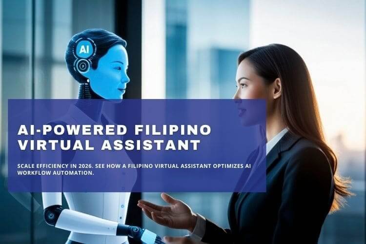 Businesswoman interacting with a digital AI robot to demonstrate workflow automation and efficiency.