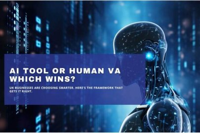 Futuristic AI robot representing comparison between AI tools and human virtual assistants