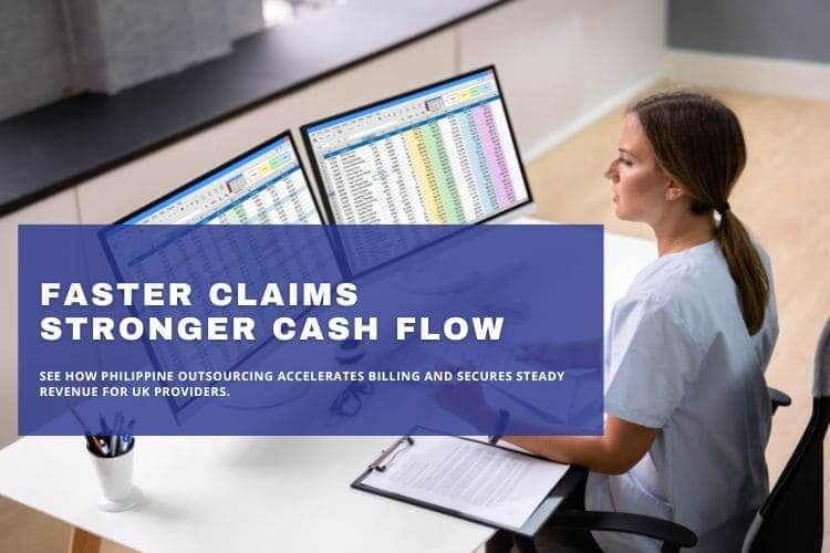 Healthcare worker reviewing billing data on dual monitors