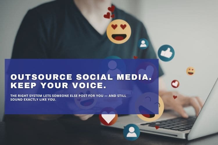 Social media outsourcing concept with digital engagement icons and remote content management