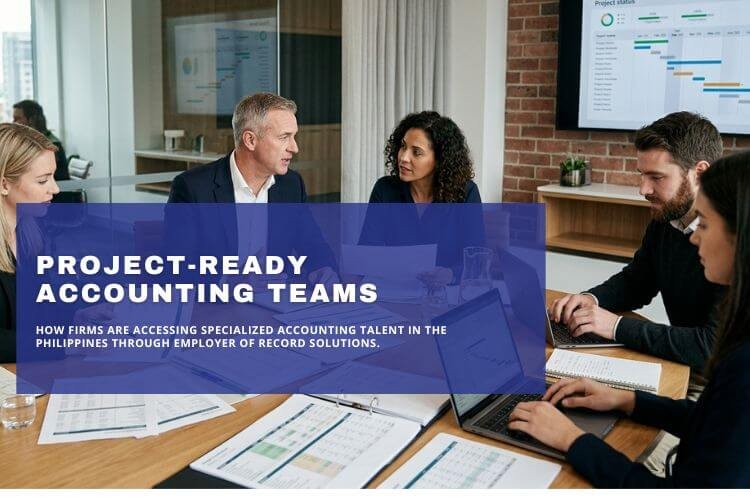 Accounting professionals collaborating in a meeting with financial reports and project management dashboards.