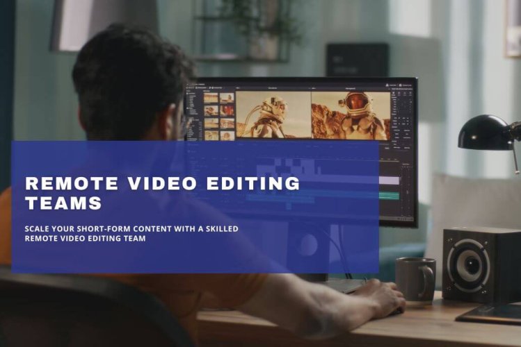 Video editor working remotely at a desktop computer.