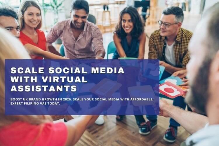 Group of professionals holding social media icons to represent outsourced social media growth strategies.