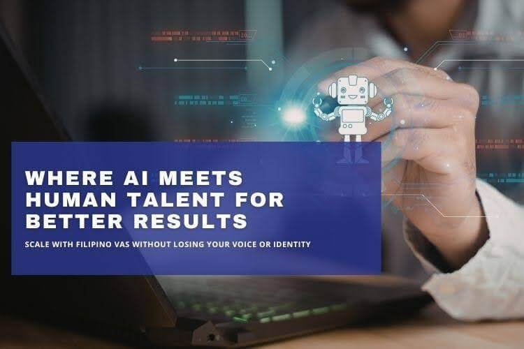 Person using a laptop with AI interface and text about human talent and virtual assistants.